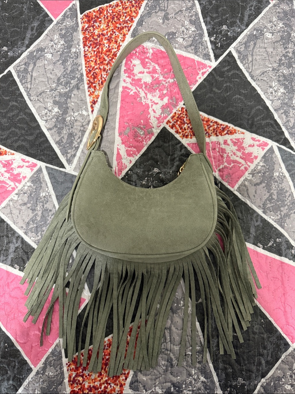 Target Olive Green Fringe Shoulder Bag with Gold Buckle